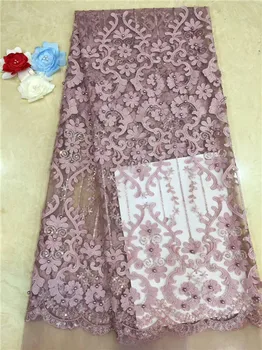 

High Quality 3d flower embroidered lace fabric 5yard with stones and beads African net Lace Fabric for wedding dress Pink(FJ-4