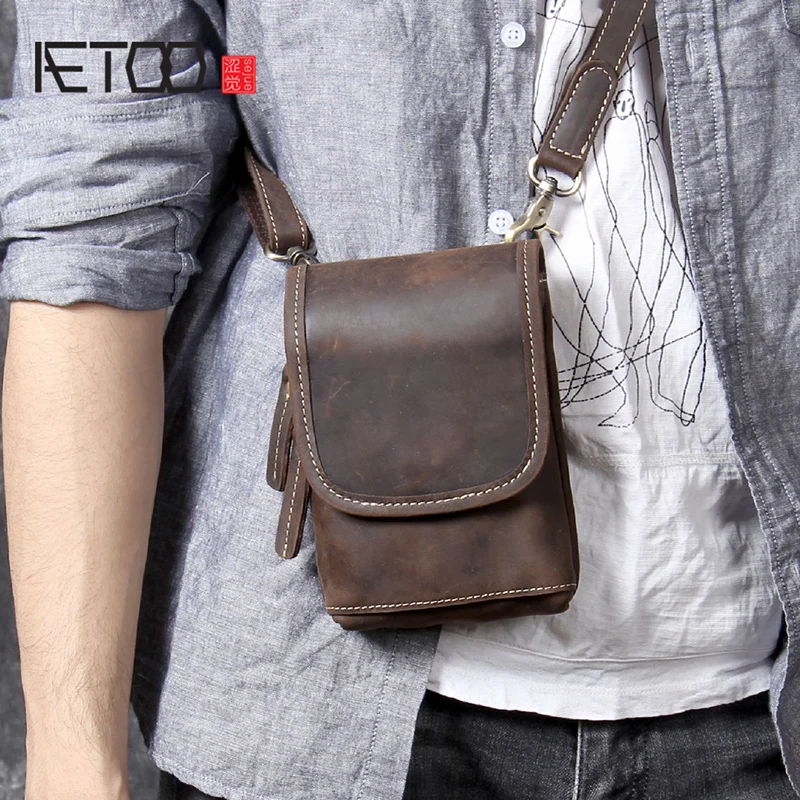 

AETOO Mini mad Horse Leather shoulder oblique carry small bag men's Chest bag original head cowhide mobile phone bag waistband