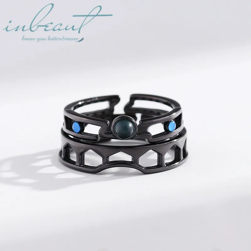 

inbeaut 925 Silver Blue Crystal Venice Couple Rings White&Black Romance City Colorful Round Stone Ring for Women Lovers' Gift