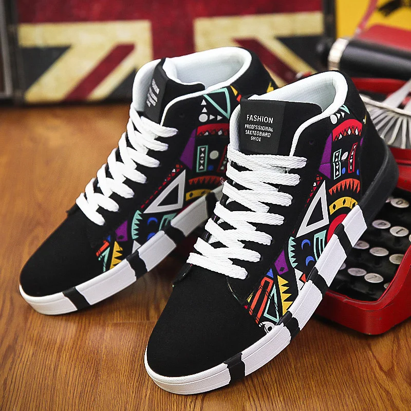 

2016 New Men Shoes Casual Printed Breathable Shoes Black White Red Hightops Sport Men