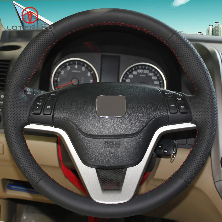 

LQTENLEO Black Genuine Leather DIY Hand-stitched Car Steering Wheel Cover for Honda CRV 2007-2011
