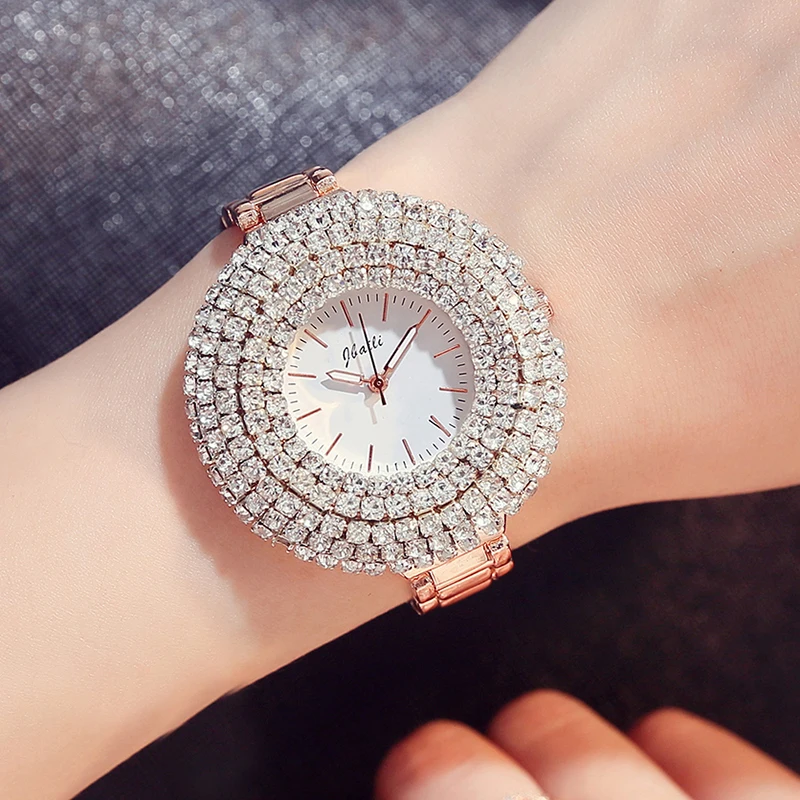 Luxury Top Brand Rose Gold Quartz Womens Watch Bling Bling Full Crystal Dial Stainless Steel Bracelet Dress Ladies Wristwatches