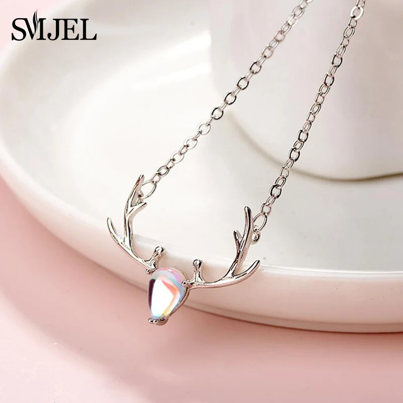 

SMJEL Vintage Elk Deer Head Pendants & Necklaces Female Moonstone Necklace Choker Clavicle Silver 925 Jewelry New Year Gifts