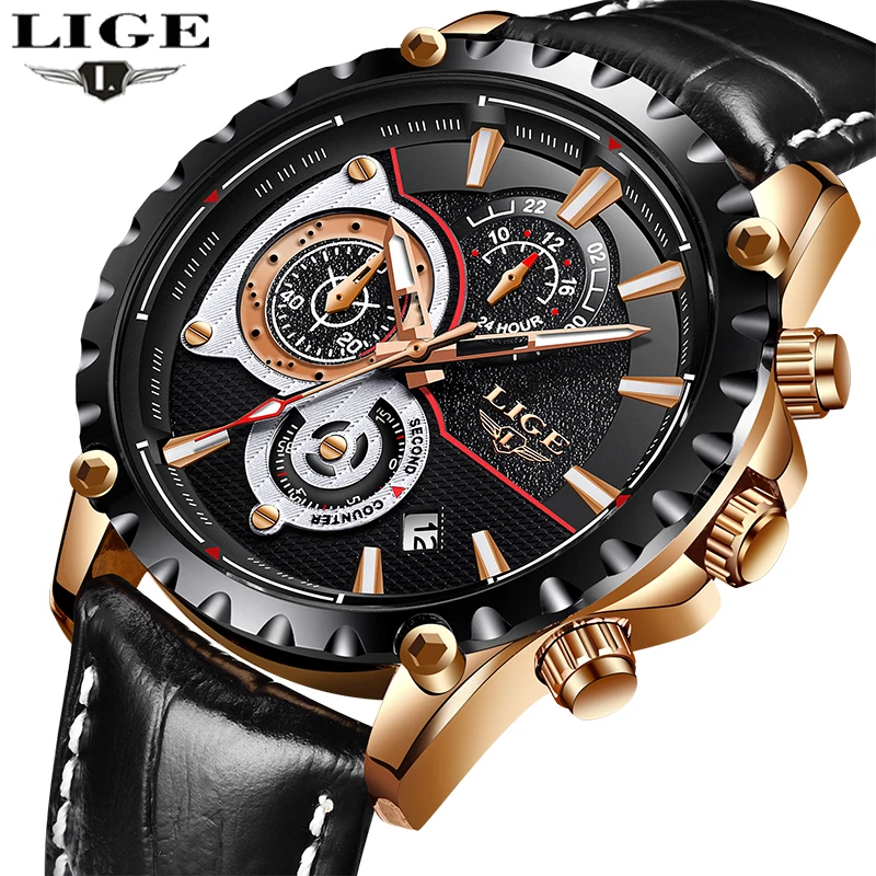 Meilleur Top Marque De Luxe LIGE Hommes Montre Quartz Chronographe Montre Hommes Montres De Sport En Cuir Imperméable À L eau De Mode Horloge Relogio Masculino