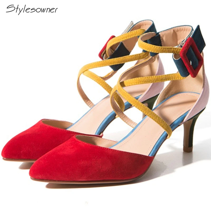 

Stylesowner Hot Sale Sexy Cross Tied Buckle High Heels Sandals Pointed Toe Mixed Color Handmade Ankle Strap Woman Party Shoes