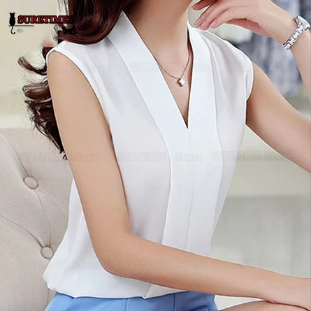

2019 New Fashion Women Chiffon Blouses Ladies Tops Female Sleeveless Shirt Blusas Femininas White,Black,Red,Pink S-2XL Plus Size