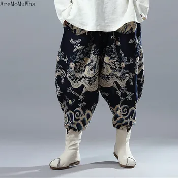 

AreMoMuWha Spring Summer Chinese Style Cotton and Linen Plus Trousers Dragon Pattern Bloomers Large Size Harlan Men's Trousers