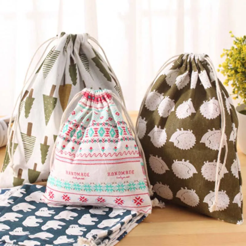 

Square Linen storage bag Drawstring Tote Storage Bag Plant Animals Organizer Bag For Underwear shoe container travel storage 1PC