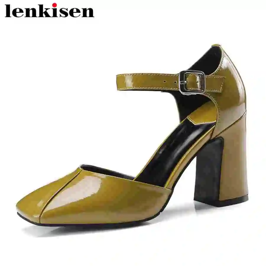 

Lenkisen Hollywood stars square toe high heels buckle strap shallow cow leather solid pop retro elegant women summer sandals L95