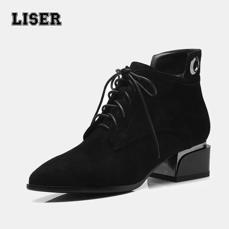 

Women casual oxford shoes genuine leather cow suede lace up pointed toe square heels zipper British Derby preppy style boots