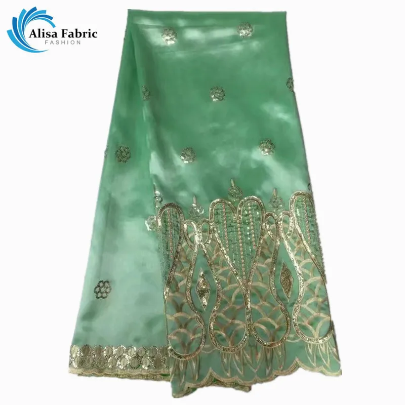 

New design Light Green George lace fabric with sequins !Raw Silk African Satin George Lace fabric for women dress