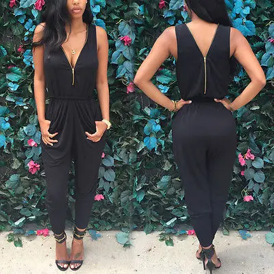 

Sexy Women Jumpsuit Zipper Sleeveless Sexy Tank Plunge V-Neck Evening Party Playsuit Ladies Romper Ankle Length Black Clohing