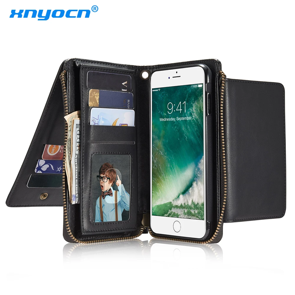14 Slots Zipper Wallet with Removable Back Cover Leather Case for Apple