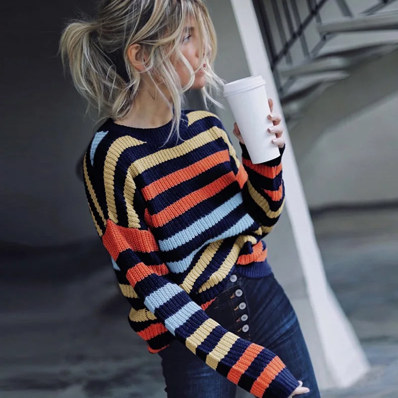 

Women Loose Knitted Sweater Striped Contrast Color Long Sleeves O Neck Knitting Pullover Tops 2019 Autumn Ladies Jumper Knitwear