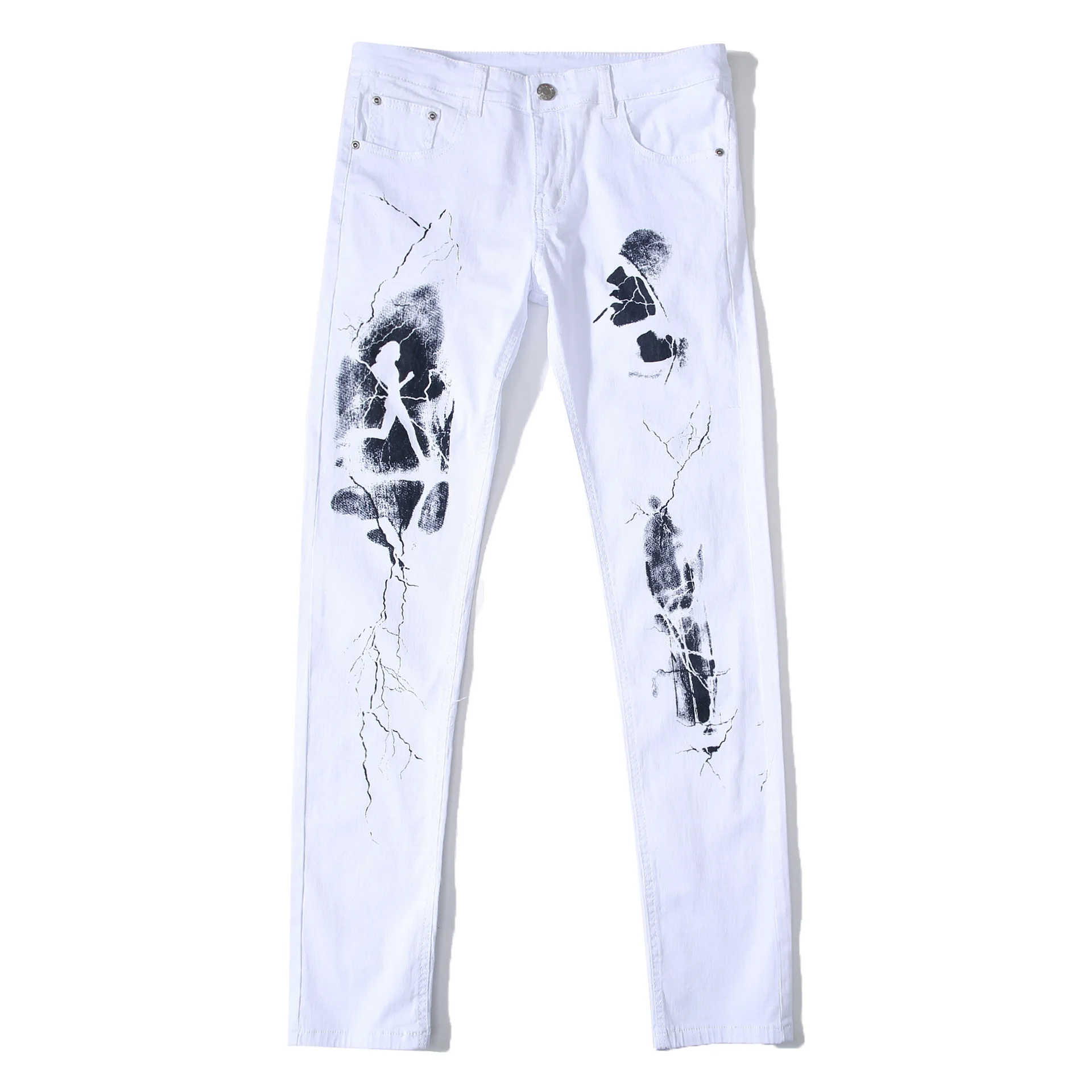 Новые белые мужские джинсовые штаны с принтом, облегающие уличные мужские повседневные брюки с принтом для мужской одежды