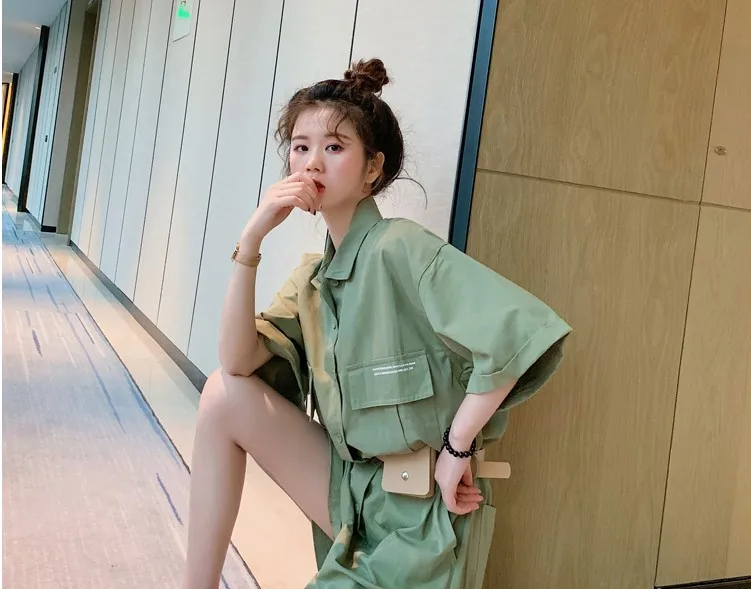 New Tooling Jumpsuit Summer Women Short Playsuits Loose Short Sleeve Single Breasted With Belt Rompers Womens YT50104