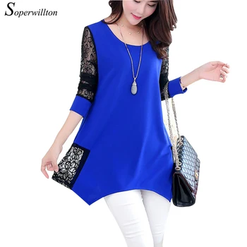 2016 Shirt Women For Work and Casual Women Blouses O-neck Plus Size 5XL Blusas Patch Lace Blouse Long Sleeve Female Shirts D5002