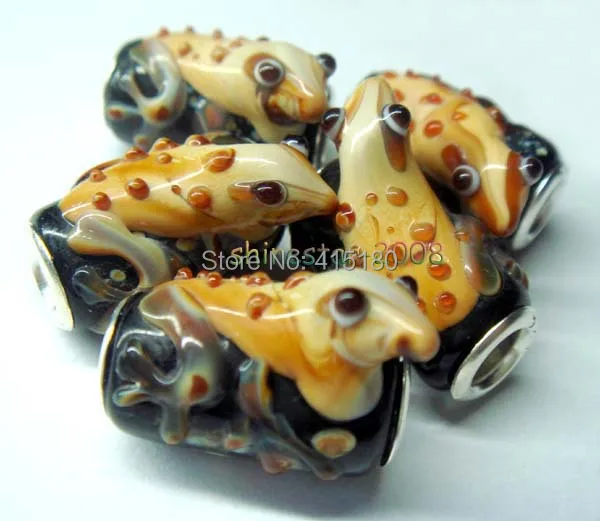5 pieces of Big hole 925 silver core 4.5mm animal glass bead with vivid Frog design fit European