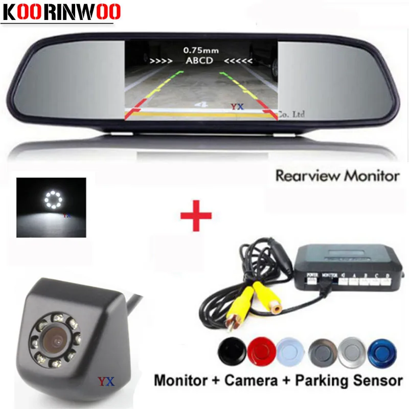 

KOORINWOO 3 IN 1 Car Parking Sensors Video Digital monitor Mirror Car Rear view camera Parking Parkronics Reversing Radars Alarm