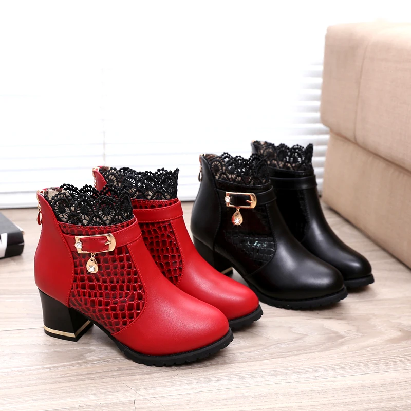 US $16.89 Cuculus Autumn Winter New Lace Fashion High Heels Women Shoes Woman Boots Ankle Casual Ladies Boot Metal Rhinestone Red 1037