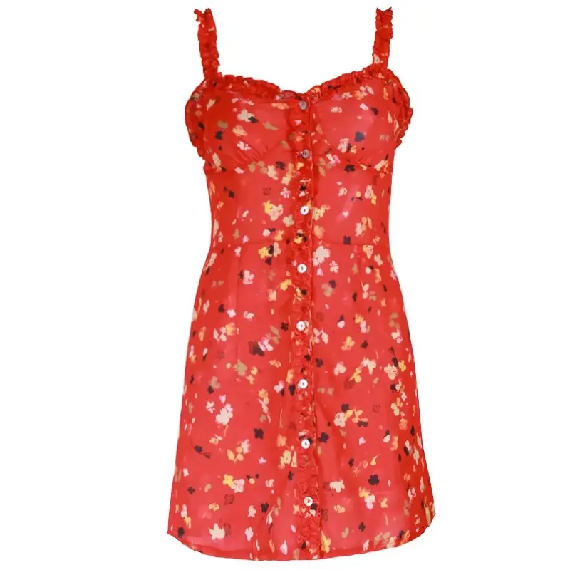 Женское винтажное мини-платье с цветочным принтом на бретельках - Цвет: red