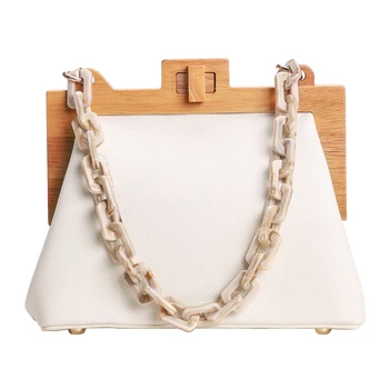

NEW-Women'S Box Bag Bucket Bag Wooden Clip Evening Bag Ins Acrylic Chain Luxury Handbag Banquet Party Purse Shoulder Bag