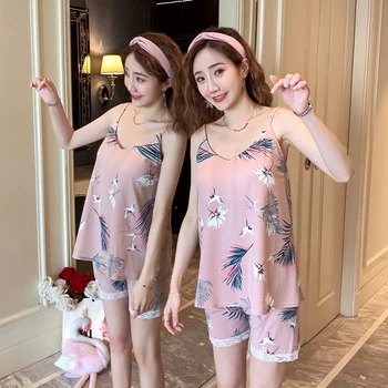 

Short Pajamas Set WAVMIT Women Sleepwear Suit Sexy Cotton Shortless Sleeve Pyjamas with Chest Pad Young Girl Pajamas Sets