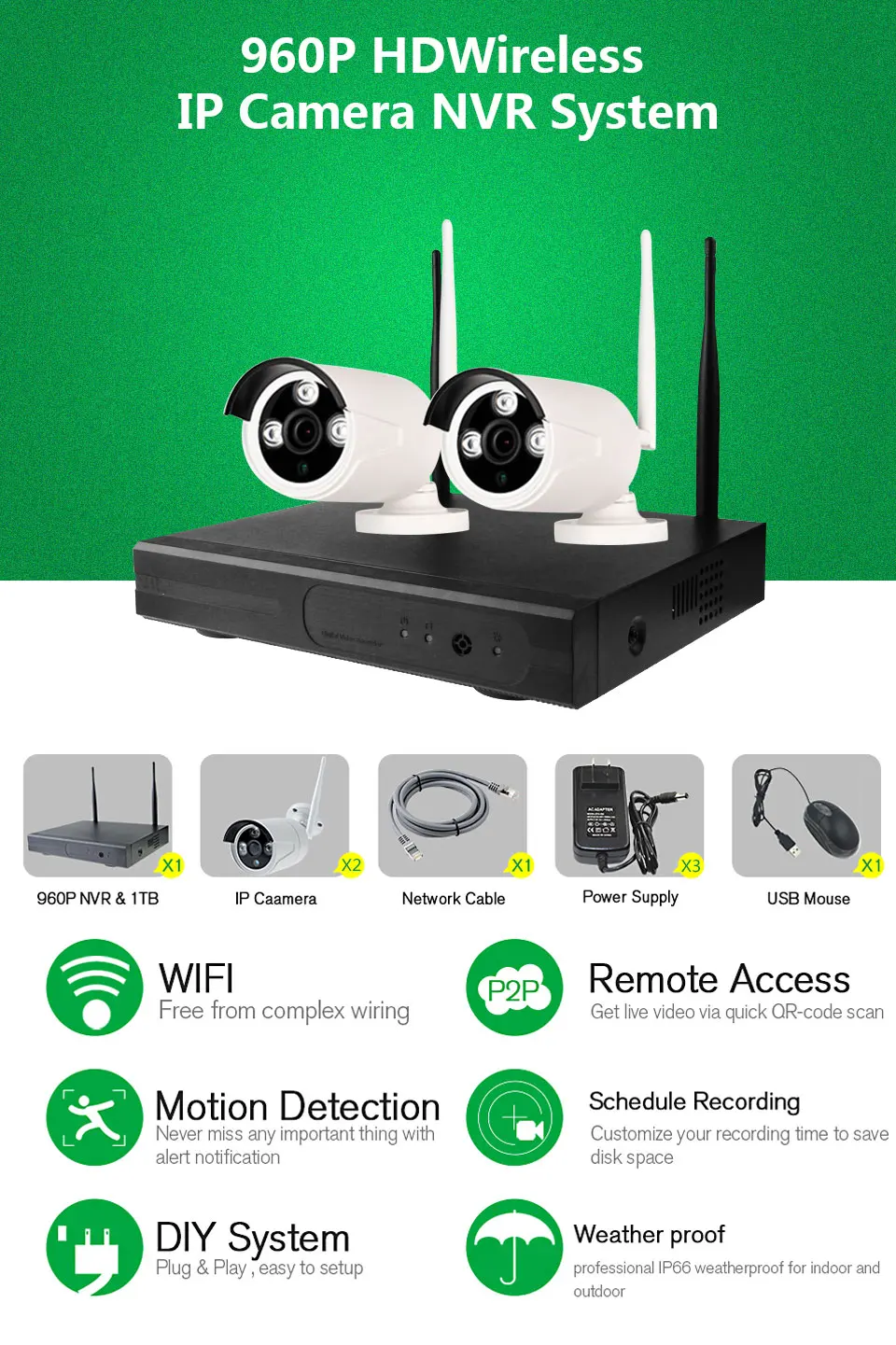 4CH wifi CCTV система Беспроводной NVR комплект 2 шт 960P HD IP камера 1.3MP наружная Водонепроницаемая домашняя система видеонаблюдения