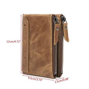 

THINKTHENDO Men Genuine Leather Double Zipper Wallet Cowhide Bifold Coin Purse Card Holder