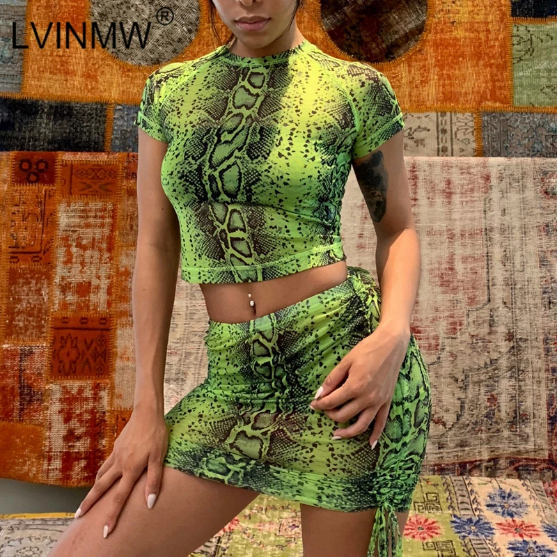 

LVINMW Sexy Snakeskin Two Piece Set O Neck Short Sleeve Patchwork T Shirt High Waist Drawstring Bodycon Mini Skirt Female Sets