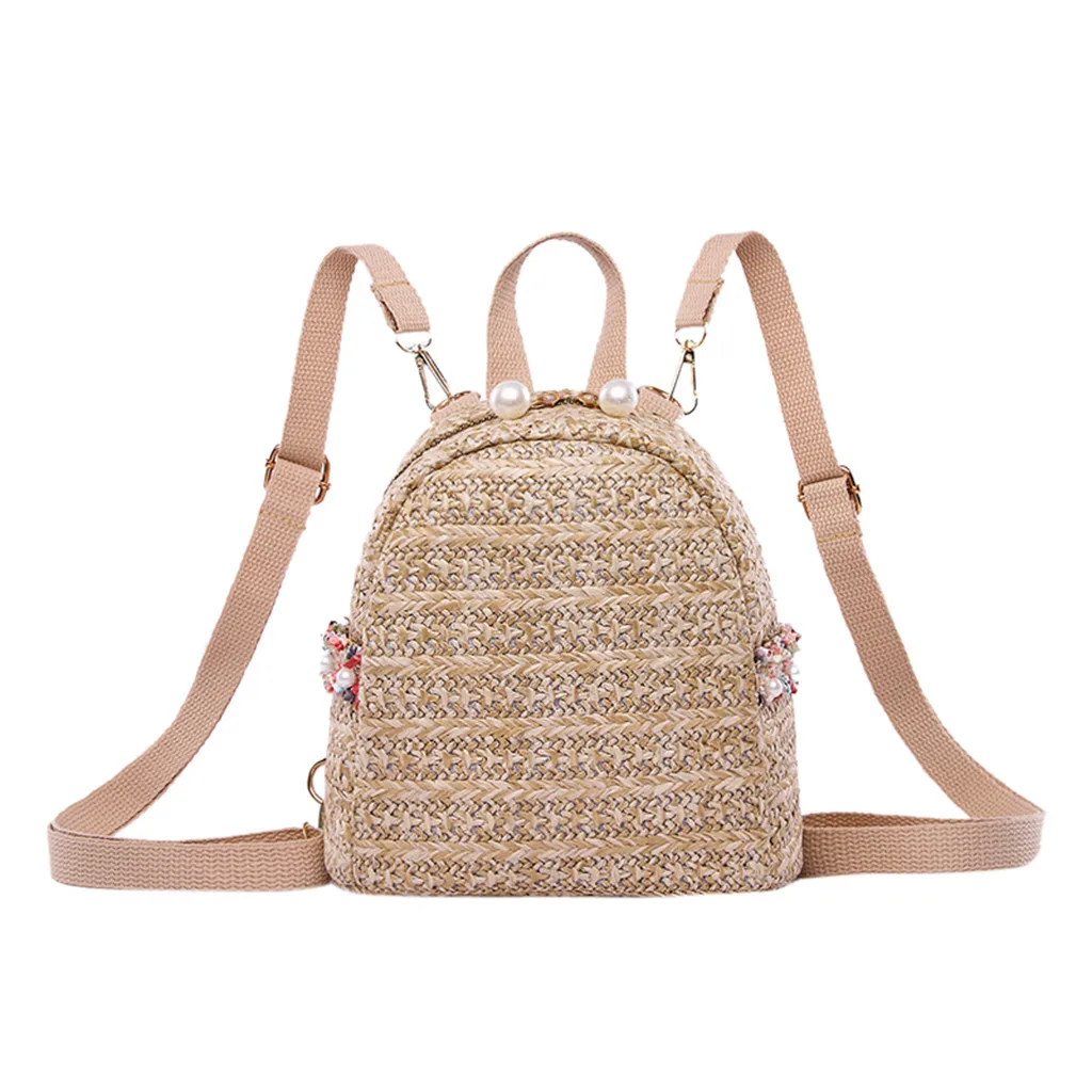 

Backpack Women Straw Woven Backpack Pearl Wild Beach Bags Beading Solid Color Simple Small Versatile Sirt Cantasi