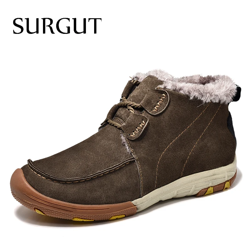 

SURGUT Brand Autumn Winter Fashion Men Boots Vintage Style Casual Men Shoes High-Cut Lace-Up Warm Plush Motorcycle Snow Boots