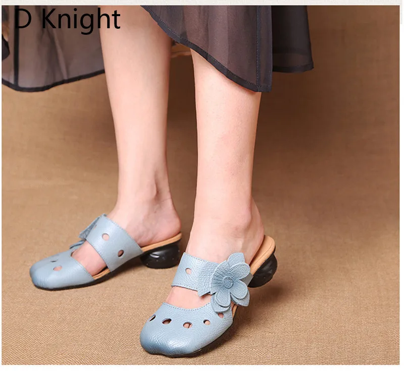 2018 Original Retro Handmade Women Slippers Summer Cow Leather Soft Bottom High Med Heels Slides Flower Hollow Out Female Sandal (9)