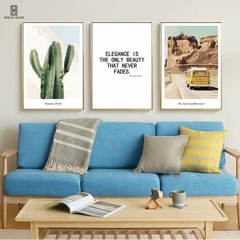 Nordic Tropical Plants Landscape Canvas Art Wall Decor Paintings Of The Green Cactus Yellow Mountain A Car On Yellow Hillside