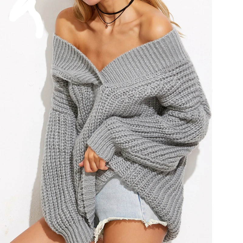 Теплые зимние модные женские свитера, трикотаж с открытыми плечами, свободный длинный рукав, v-образный вырез, спущенные плечи, толстый вязаный свитер