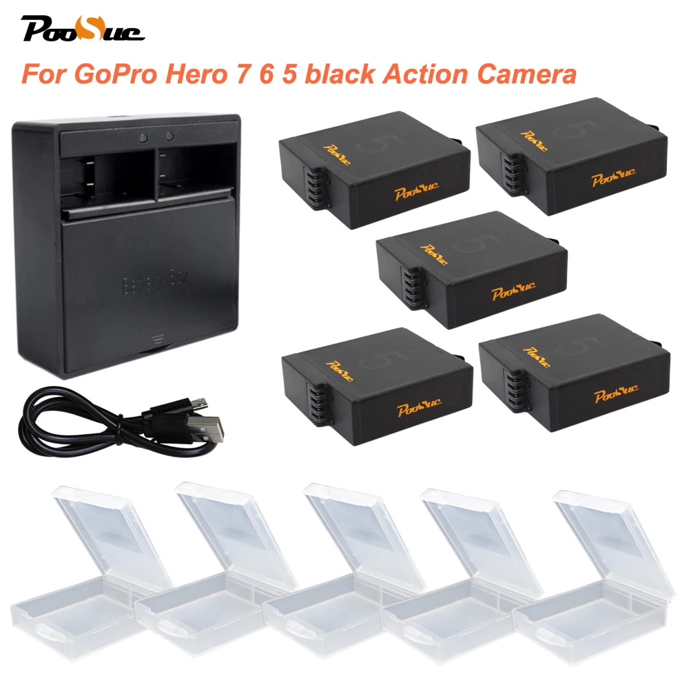 

5x AHDBT-501 AHDBT 501 bateria Go pro Hero7 Hero5 battery + Storage Box Dual USB Charger For Gopro Hero 5 Hero6 7 Action Camera