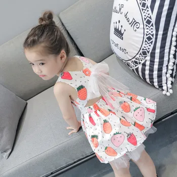 

Summer girls dress baby backless dress kids princess dress Children designer vestidos strawberry lemon print mesh bow 2 to 7 yrs
