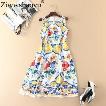 

Ziwwshaoyu 2018 Summer European And American Women's High-end Composite Linen Waist Slim Knee-length Vest Print Dress