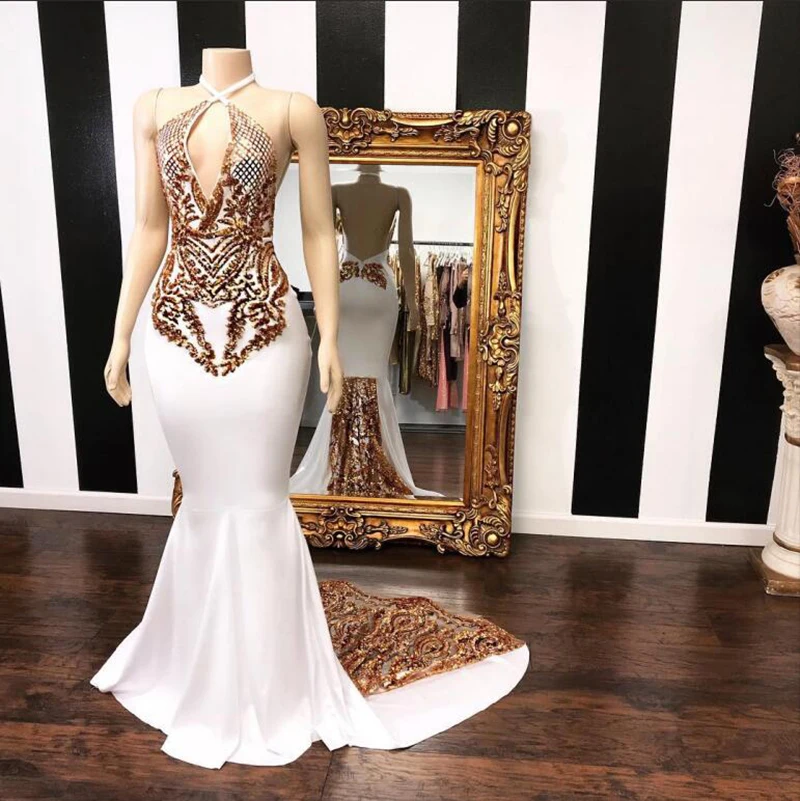 Afrikaanse Zwarte Meisje Wit Mermaid Prom Dress Real Sample Backless Cut-Out Front Strech Satin Gold Sequin Lange Prom jurken 2019 Afrikaanse Zwarte Meisje Wit Mermaid Prom Dress Real Sample Backless Cut-Out Front Strech Satin Gold Sequin Lange Prom jurken 2019