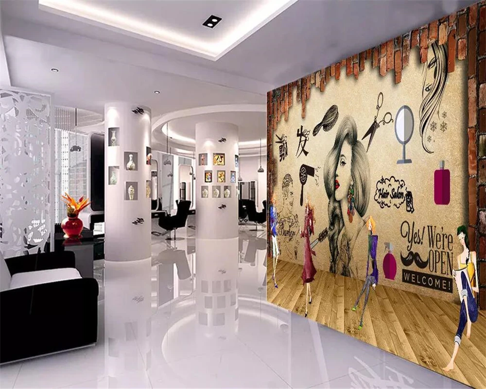 Beibehang Customized 3d wallpaper salon hair salon beauty salon background wall barber shop nostalgic retro makeup 3d wallpaper