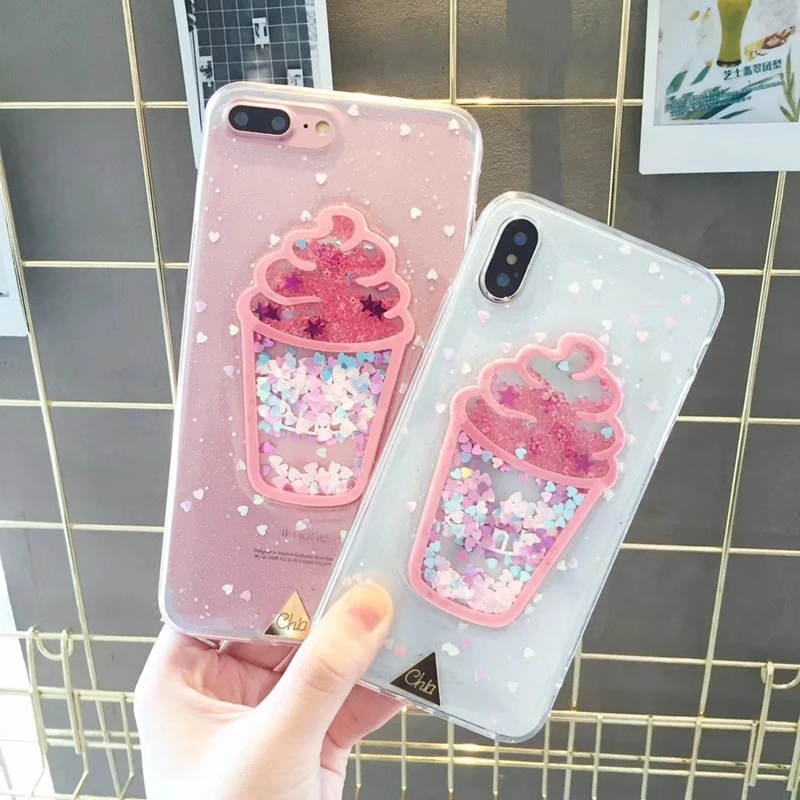 

Tfshining Luxury Glitter Cell Phone Case For iPhone X XS Max XR 8 6s 6 7 Plus Cute Pink Quicksand 3D Ice Cream Soft TPU Cover