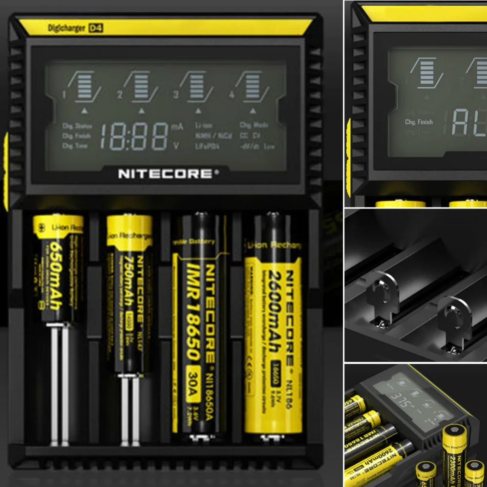 

Nitecore D4 D2 New I4 I2 Digicharger LCD Intelligent Circuitry Global Insurance li-ion 18650 14500 16340 26650 Battery Charger