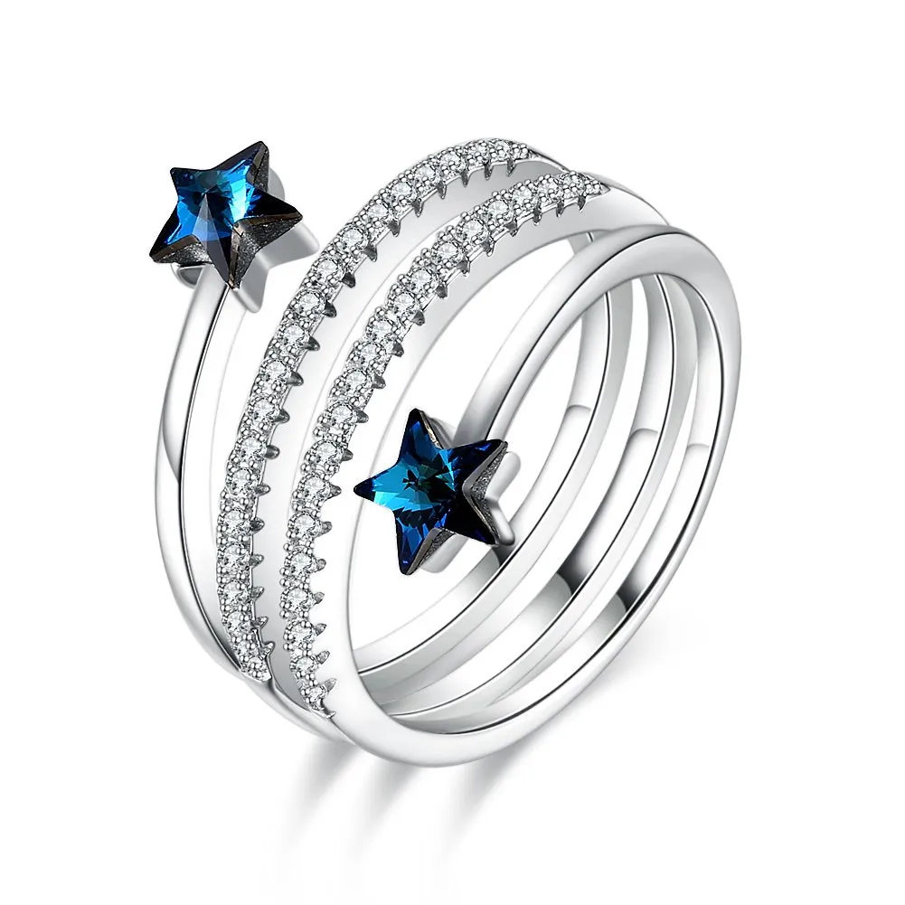 

INALIS Crystals from Swarovski Rings 925 Sterling Silver Christmas Explosions Five-pointed Star Spiral Personality Crystal Rings