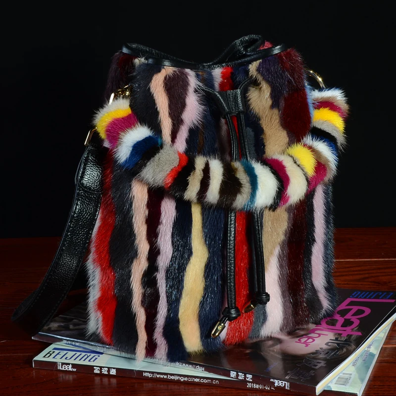 

women handbags real Mink hair fur Bucket bag messenger shoulder bags Genuine Leather ladies top-handle bag fashion crossbody bag