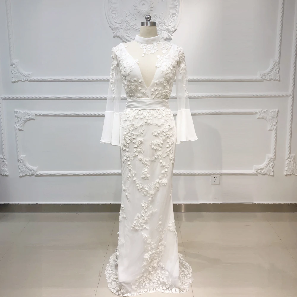 

Boho Wedding Dresses 2019 Sexy V Neck Long Sleeve Sheer Top Mermaid Wedding Gown Floor Length Lace Flower Vestido de Noiva WN86