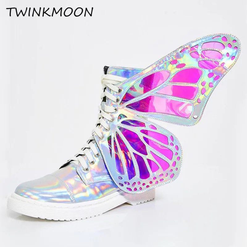 Butterfly Wing Boot Handmade Mirror Suquined Women Flat Boots 3D Angel