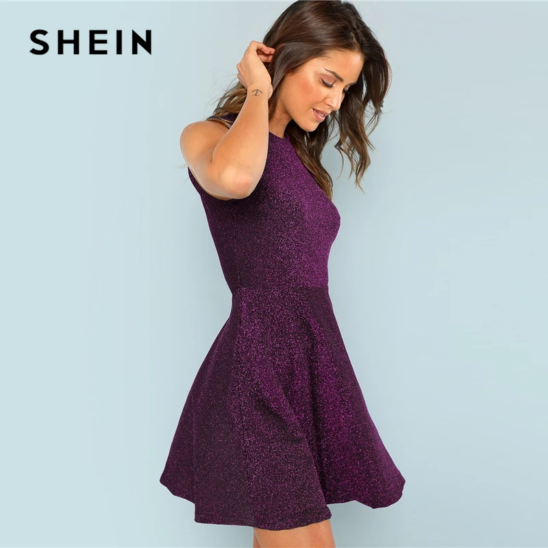 SHEIN Блестящее Расклешенное Платье Без Рукавов 2019 Элегантное Повседневное