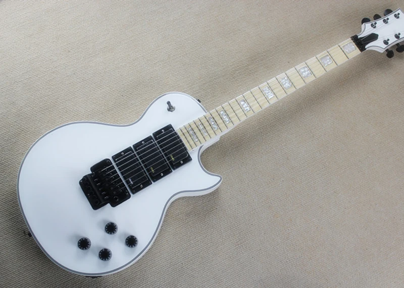 

Factory White Electric Guitar with Double Rock,3 Pickups,Maple Fretboard,Black Hardware,White Block Fret Inlay,Can be customized