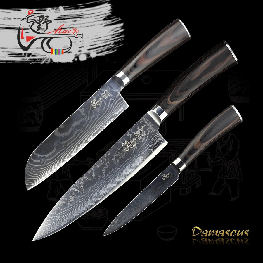 HAOYE 3 piece kitchen knife set Japan vg10 Damascus steel quality chef