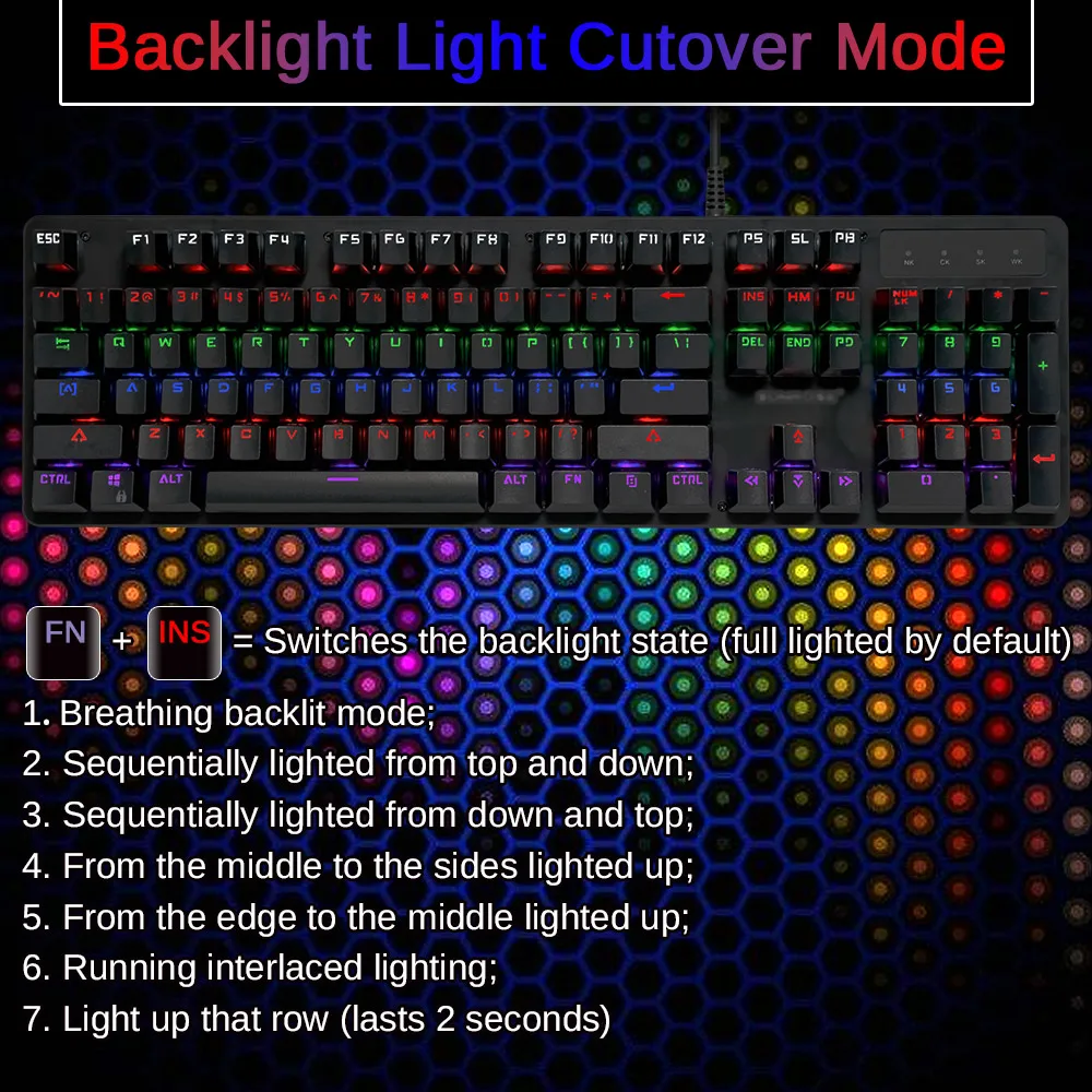 Mechanical Keyboard LED Backlit 104 Keys Blue Switch Gaming Keyboards Metal Keyboard English Russian Layout Anti 4